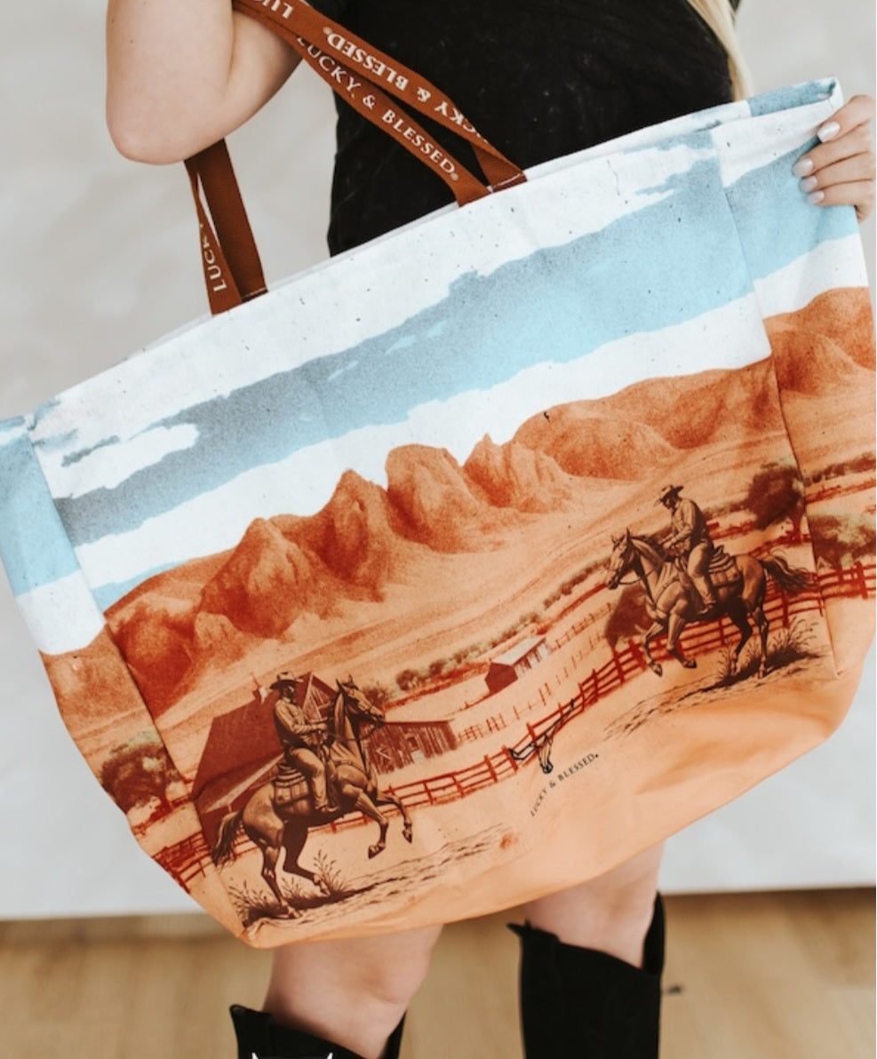 Vintage Western Desert Printed Canvas Large Tote Bag