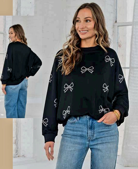 Black Pullover with Rhinestone BowsI