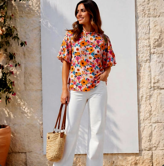 Multi Floral High Neck Ruffle Sleeve Top