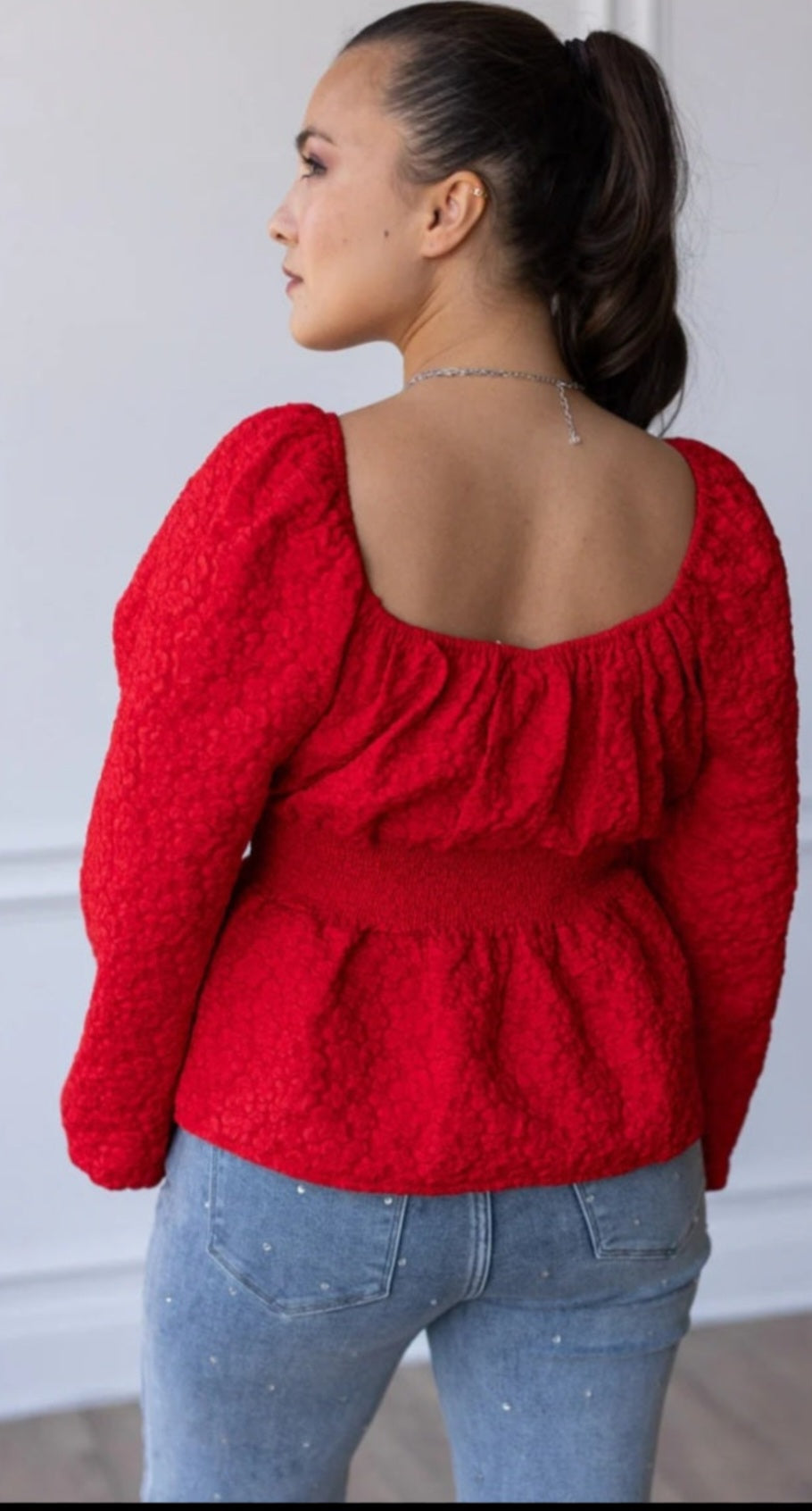 Jaquered Peasant Blouse Red