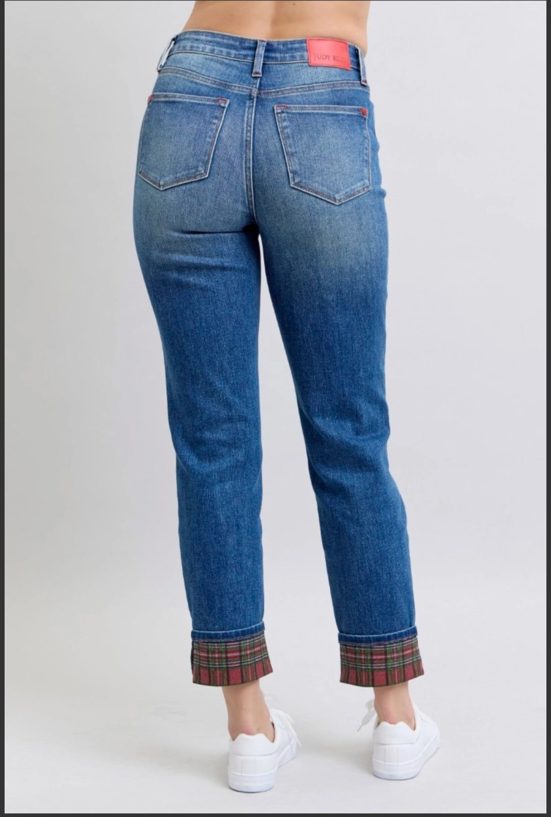 Plaid Print Cuff Judy Blue Boyfriend Denim Jeans