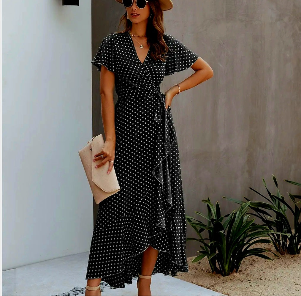 Dotted Hi Lo Maxi Wrap Dress