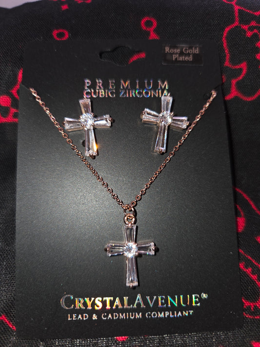 Gold Crystal Cross Necklace and Earrings