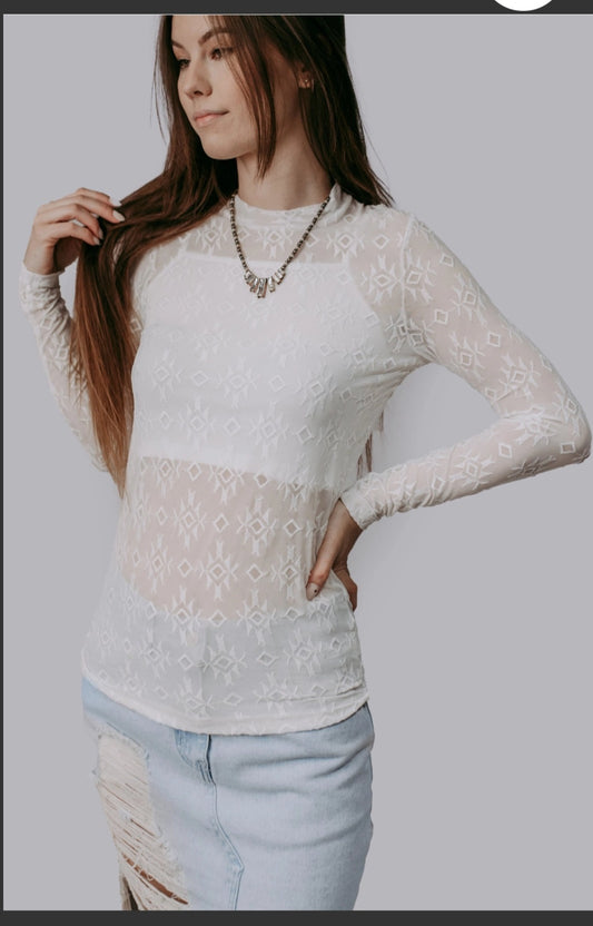 White Aztec Mesh Top