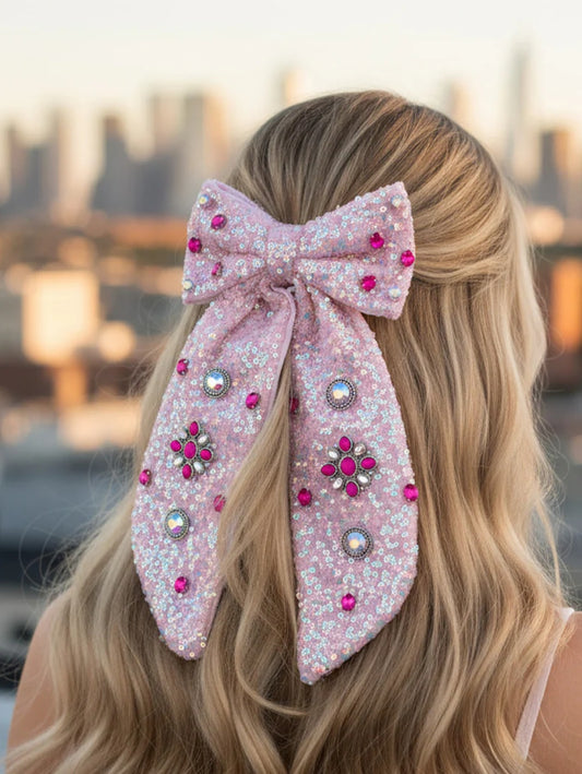 Pink Sequin Bow Hair Clip
