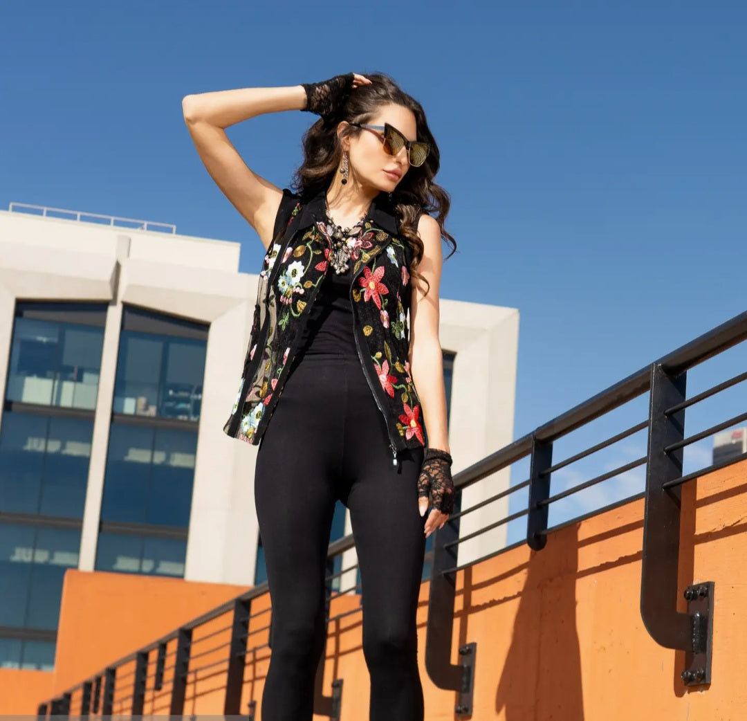 Embroidered Zip Sheer Vest