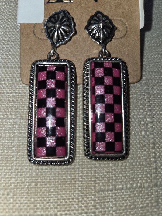 Western Checker Bar Earrings Pink