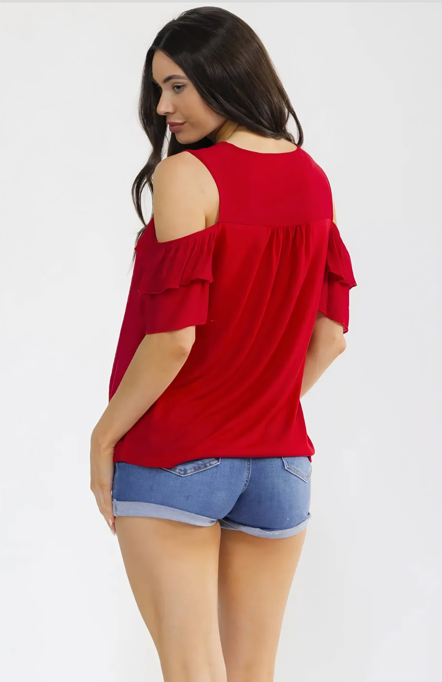 Red Crochet Front Cold Shoulder Top#