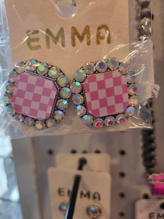 Pink White Checkered Bling Earrings