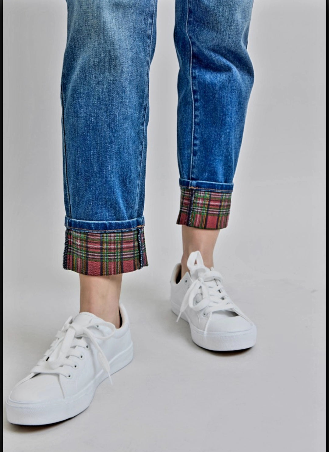 Plaid Print Cuff Judy Blue Boyfriend Denim Jeans