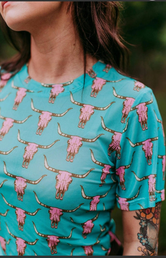 #68 Mesh Cow Skull Pink/Turquoise Top
