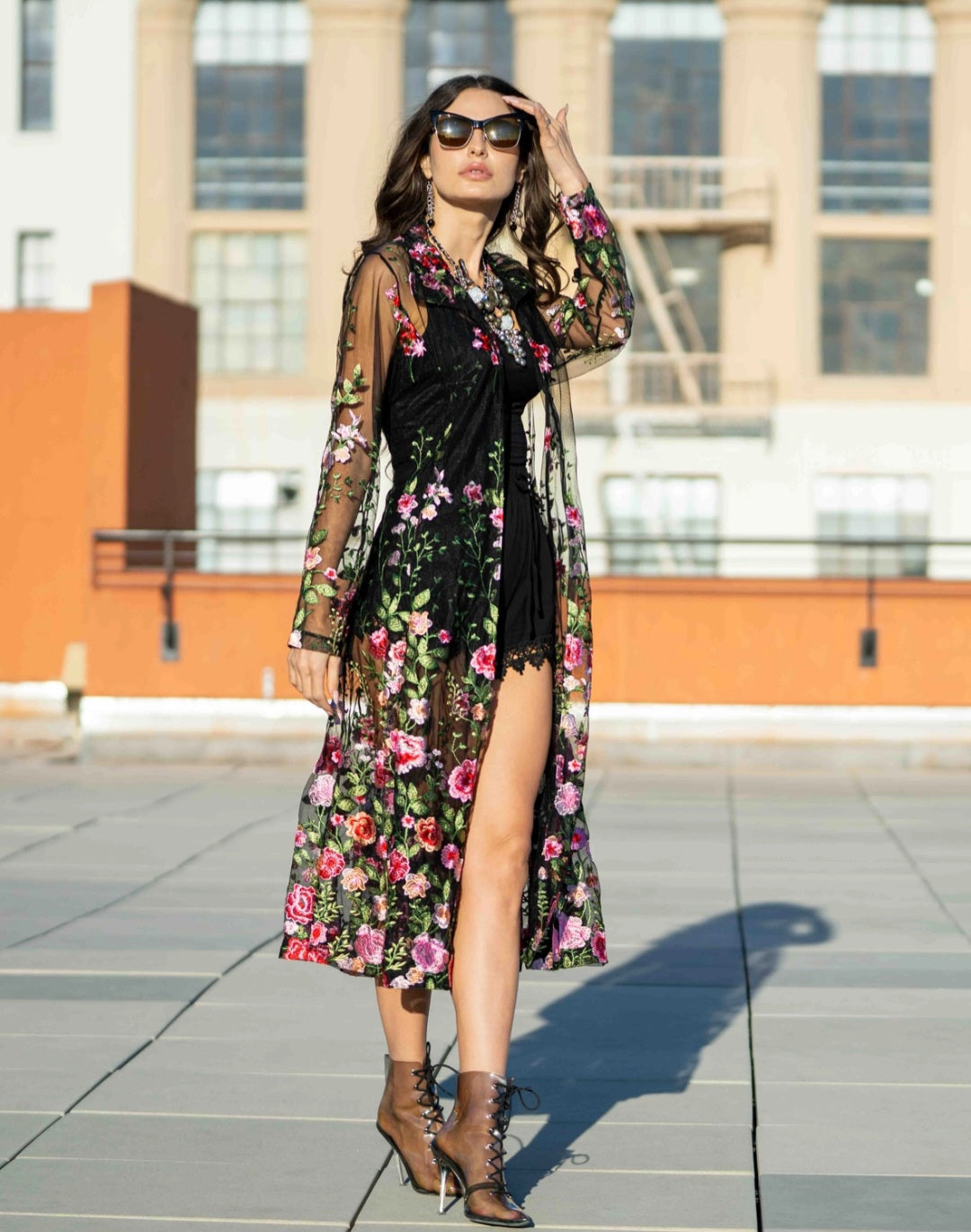 Embroidered Mesh Duster Jacket