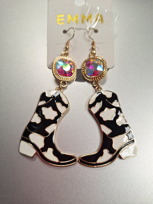 Black/White Cow Print Boot Earrings