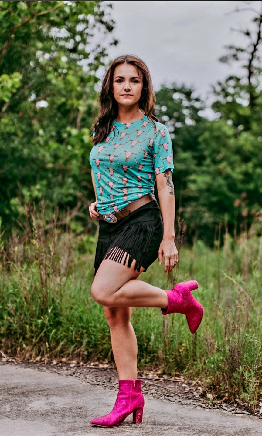 #68 Mesh Cow Skull Pink/Turquoise Top