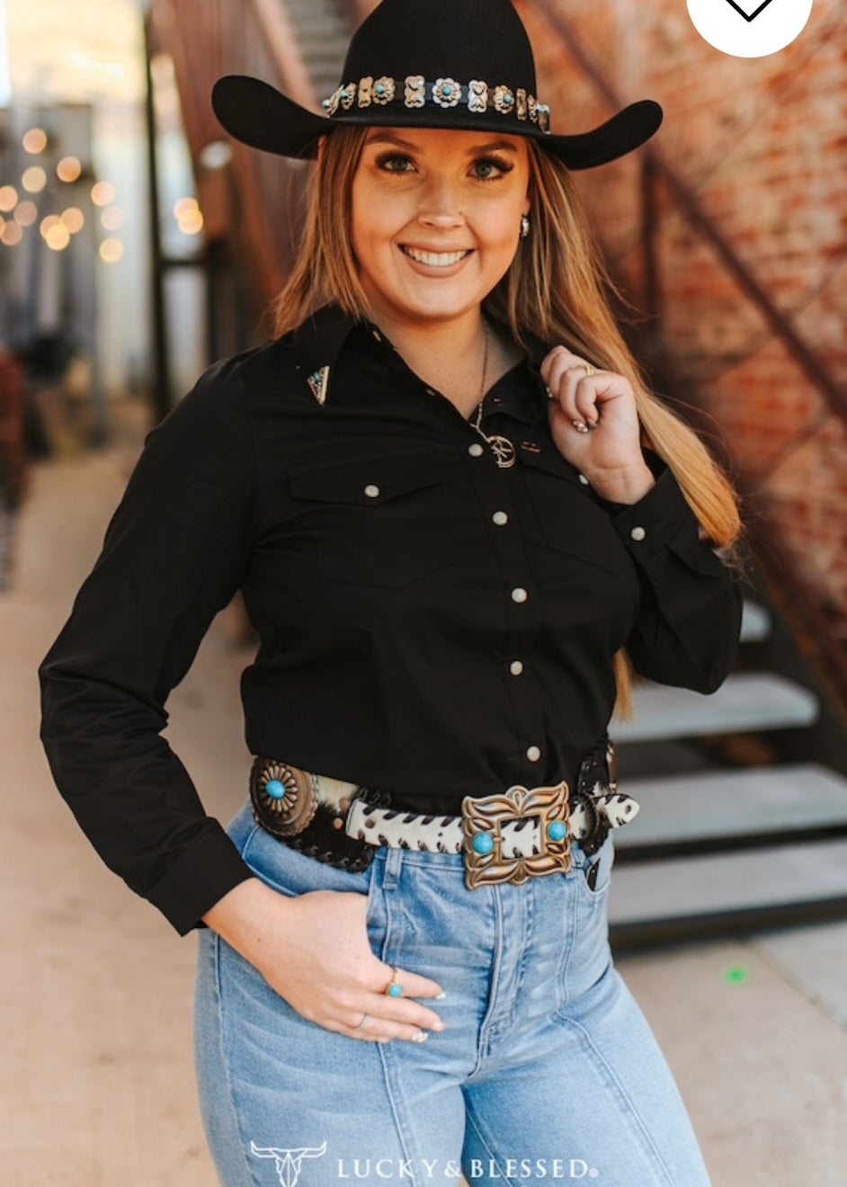 #106 Western Pearl Snap Concho Tip Collar Top