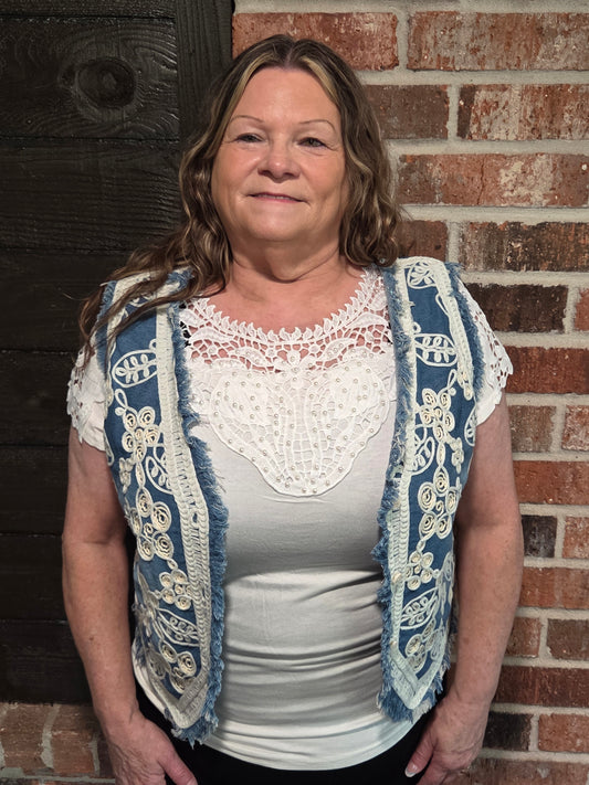 Jean Vest with White Embroidery
