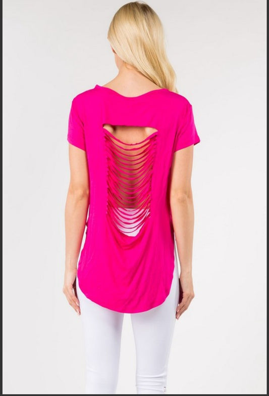 Pink Knit Top with Slashed Back and Curved Hem