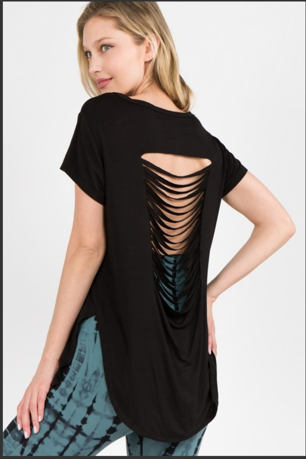 Black Knit Topwith Slashed Back and Curved Hem