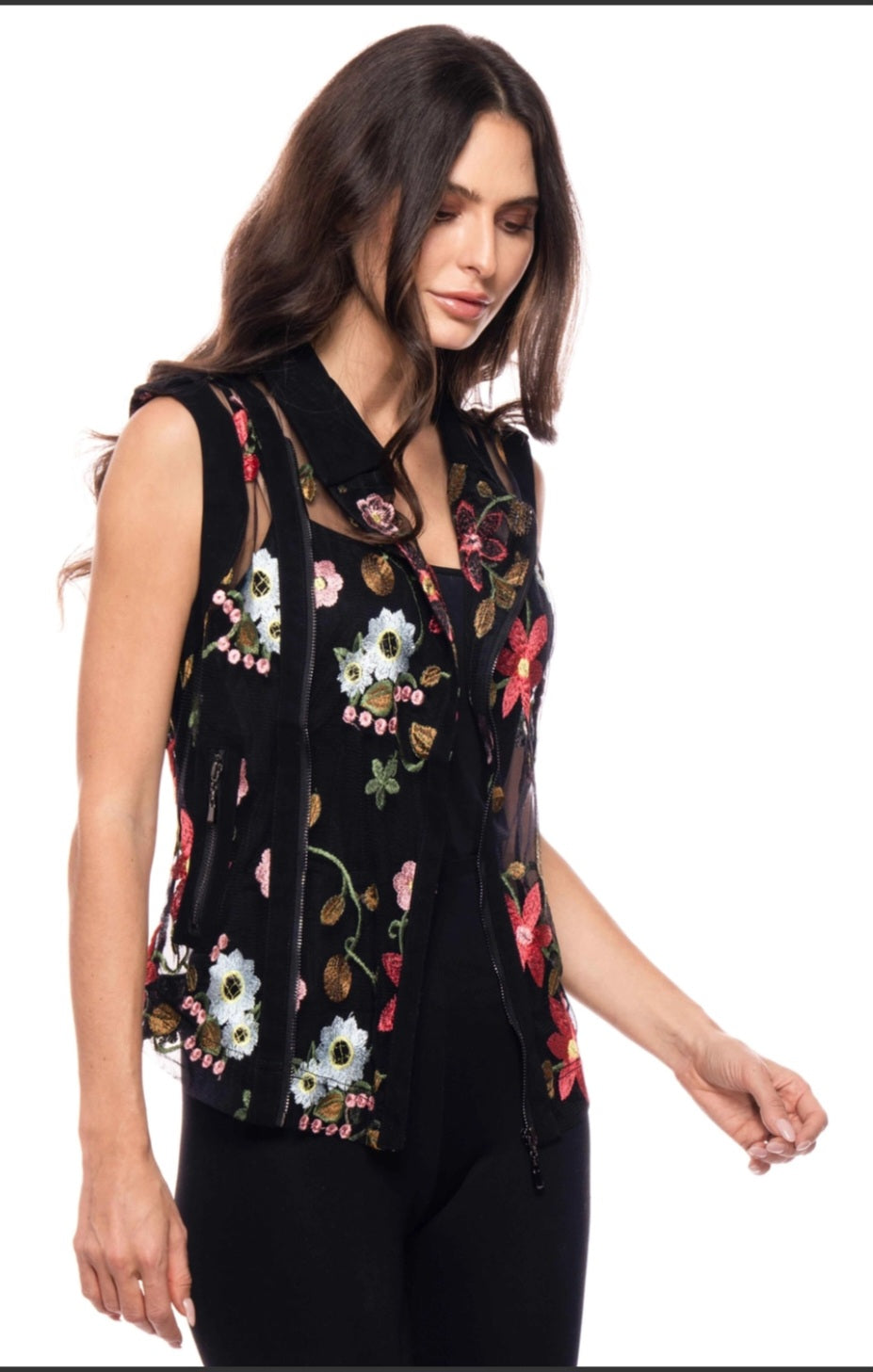 Embroidered Zip Sheer Vest