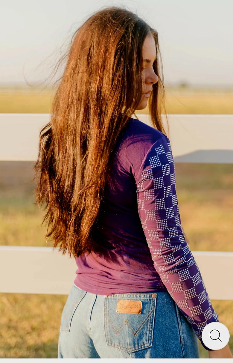 Purple Rhinestone Checked Sleeves Top