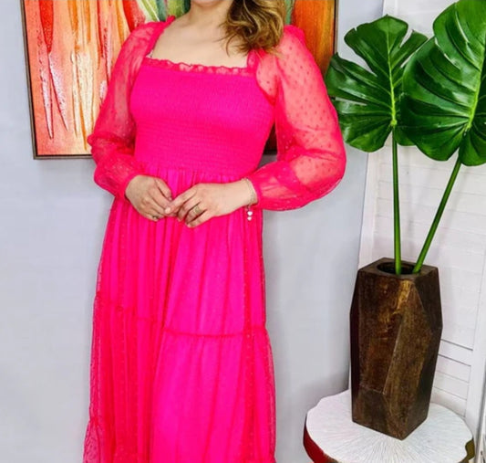 Fuschia Mesh Gauze Sleeve Maxi Dress