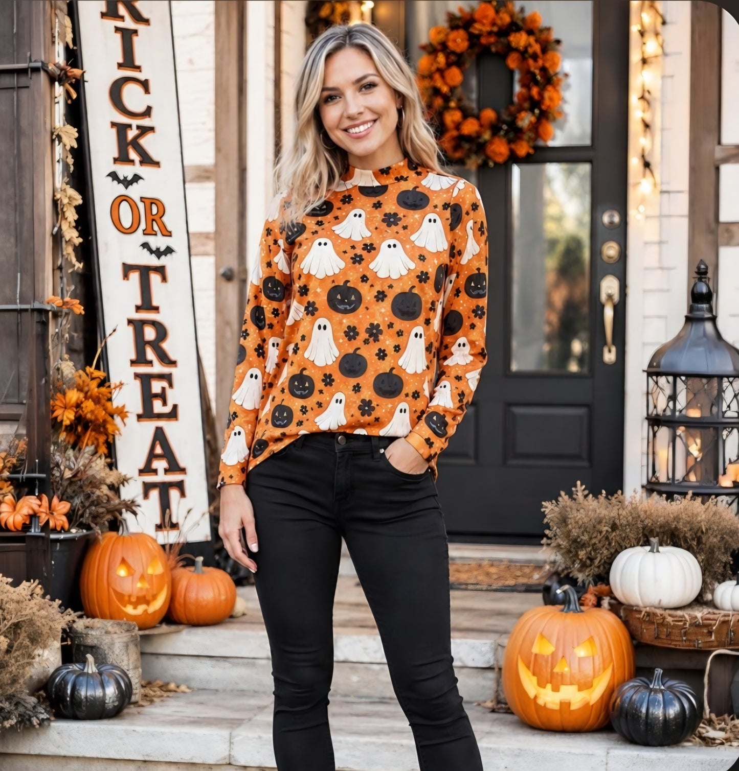 Ghost and Pumpkin Mesh Top