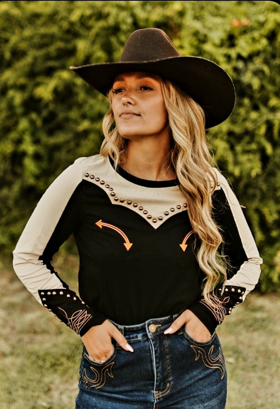 #112 Western Black Beige Studded Embroidered Top